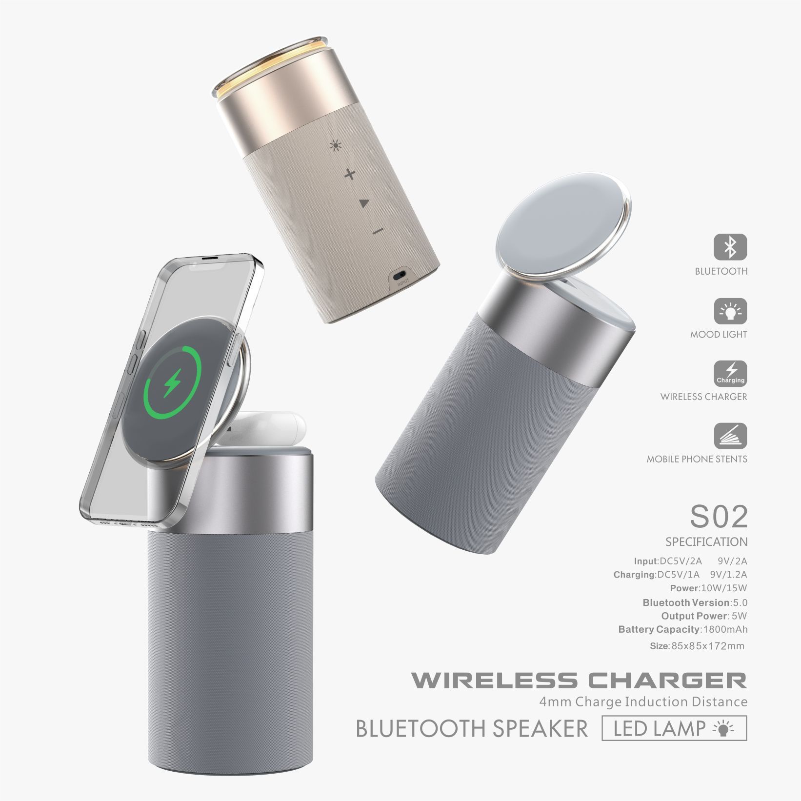 3-in-1 Wireless Charger, Bluetooth Speaker & Touch Lamp for Home & Office