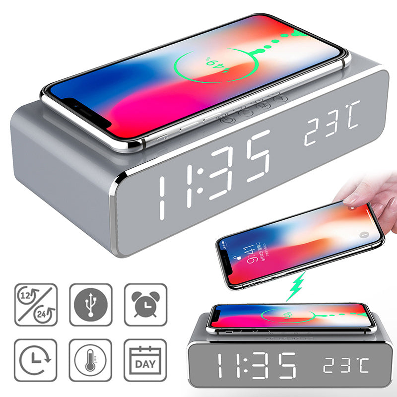 LED Alarm Clock with Wireless Charger & Thermometer